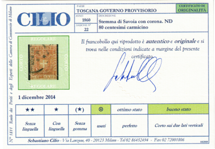 1860 Toscana, Governo Provvisorio # 22, 80 cent. carnicino USATO