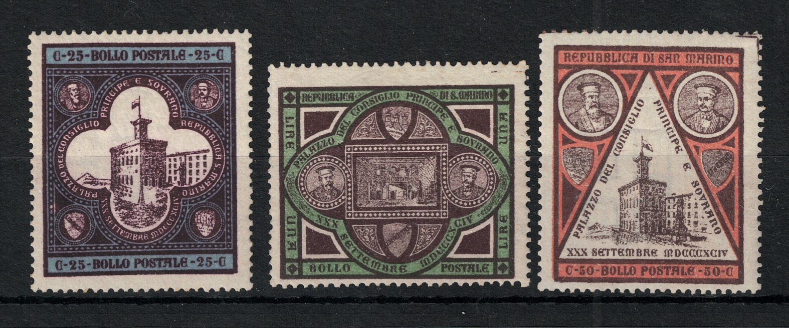 23-25 1894 San Marino, # 23-25 Palazzo del Governo, MNH** - immagine 1
