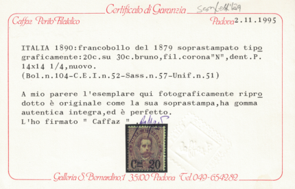 1890-91 Italia, Umberto Soprastampato, 20c. su 30 c. bruno # 57, MNH**