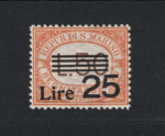 1943 San Marino, Segnatasse, 25 Lire su 50 Lire arancio # 64, MNH**