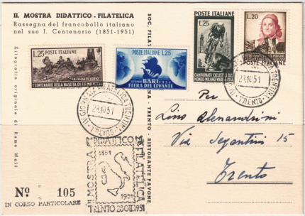 1951 Italia, 28-10-1951 Vari francobolli su cartolina commemorativa Usata