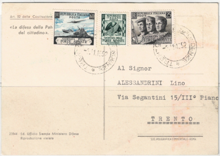 1952 Italia, 5-11-1952 Forze Armate su cartolina commemorativa Usata