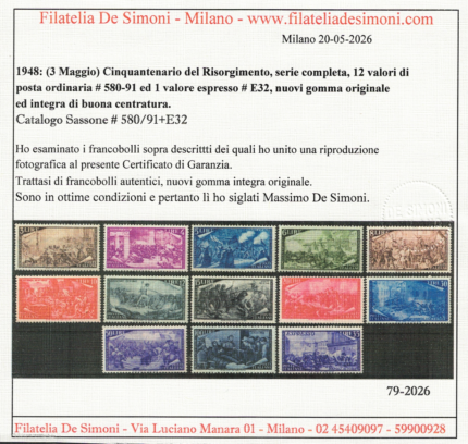 1948 Italia, Repubblica, # 580/591 + Espresso # 32 Risorgimento, MNH**