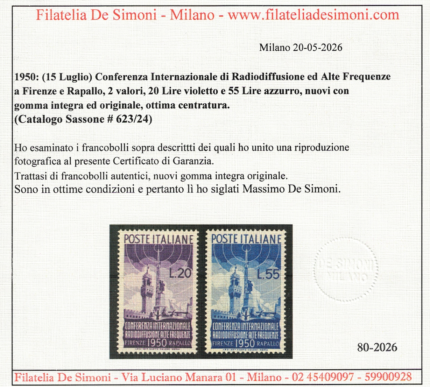 1950 Italia, Repubblica, Radiodiffusione, 2 valori, # 623-624, MNH**