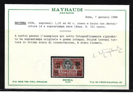 1936 Eritrea, Espresso # 10, dentellatura 14, 1,25 su 60 cent, MNH**