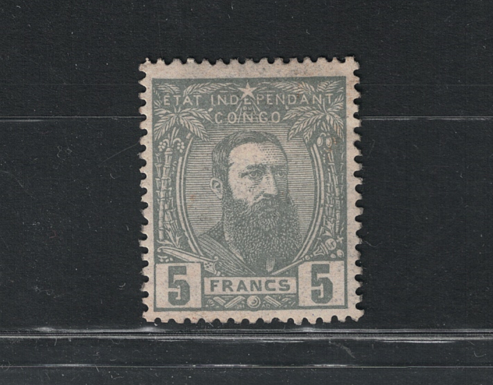 12cb 1887-94 Congo Belga, 5 Franchi Grigio # 12, Re Leopoldo II, MH* - immagine 1