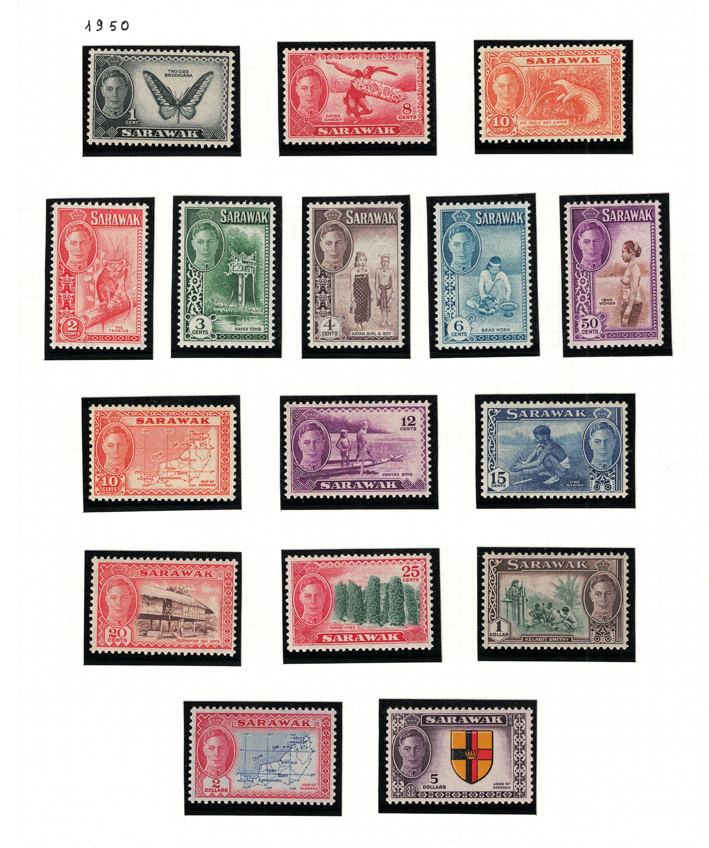 171-85 1950 Sarawak, Giorgio VI, Stanley Gibbons # 171-85, MNH** - immagine 1