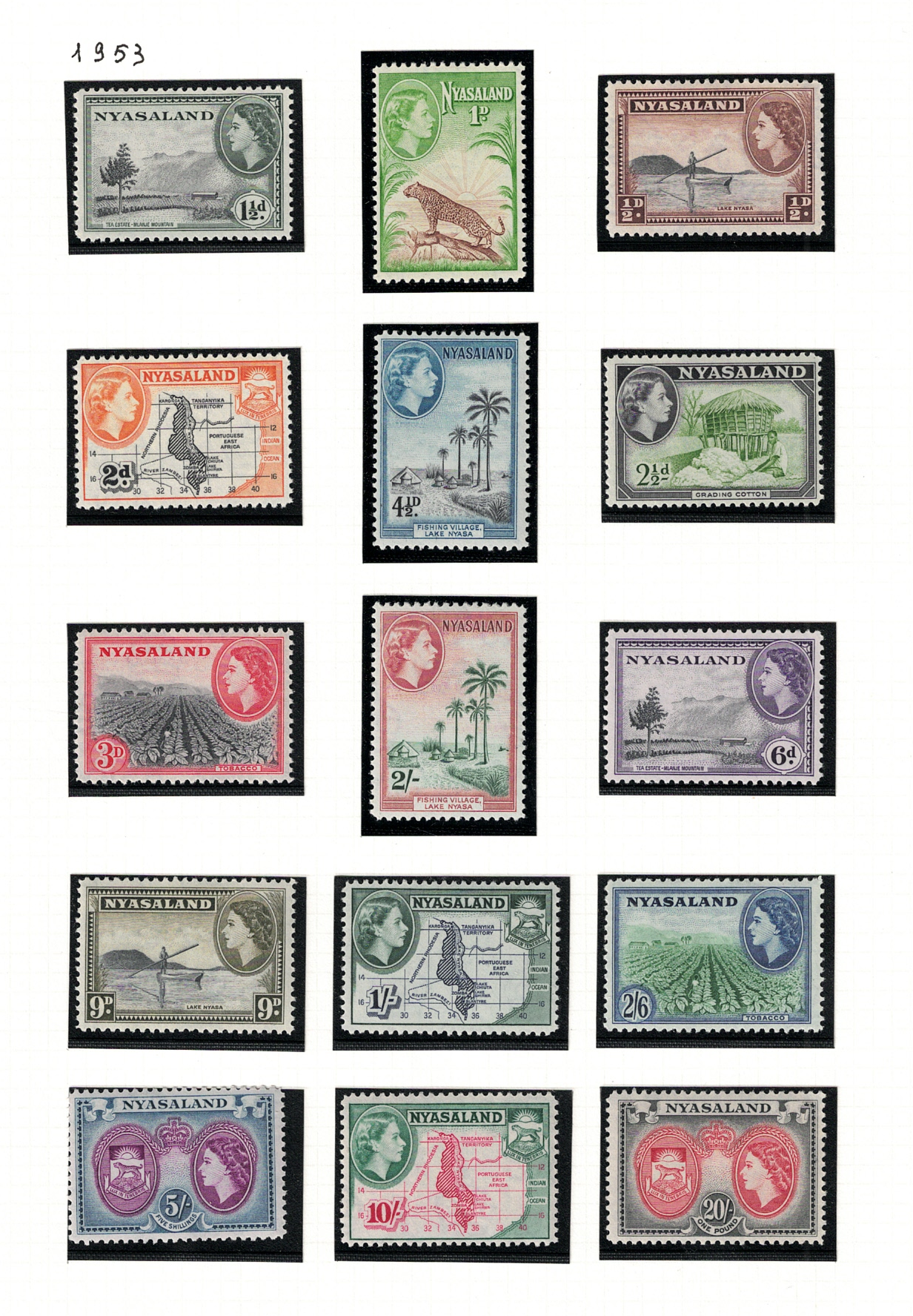 173a-187 1953-54 Nyasaland, Stanley Gibbons # 173a-187 Effige Elisabetta II, MNH** - immagine 1
