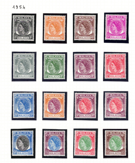 1954 Malacca, Stanley Gibbons # 23-38, serie di 16 valori, MNH**
