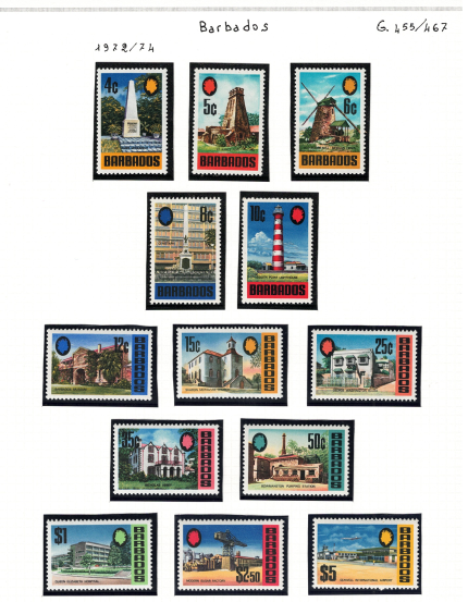 1972-74 Barbados, Yvert # 307a-19a, Filigrana CA, Edifici, MNH**
