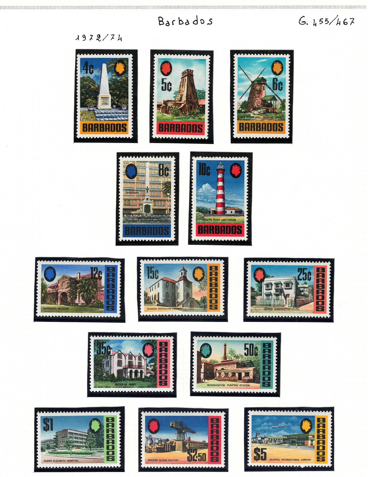 307a-319a 1972-74 Barbados, Yvert # 307a-19a, Filigrana CA, Edifici, MNH** - immagine 1