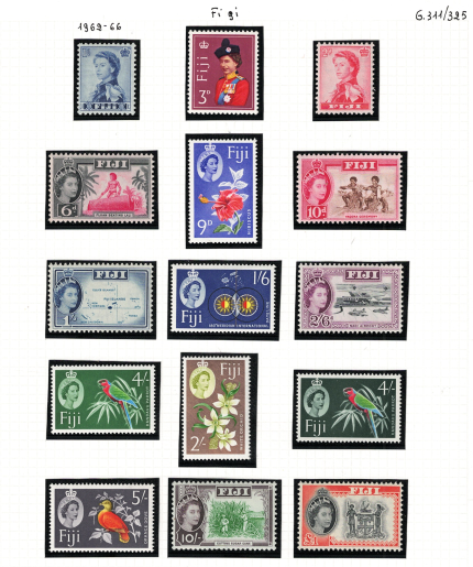 1962-67 Fiji, Stanley Gibbons # 311-25, 15 valori, Elisabetta II, MNH**