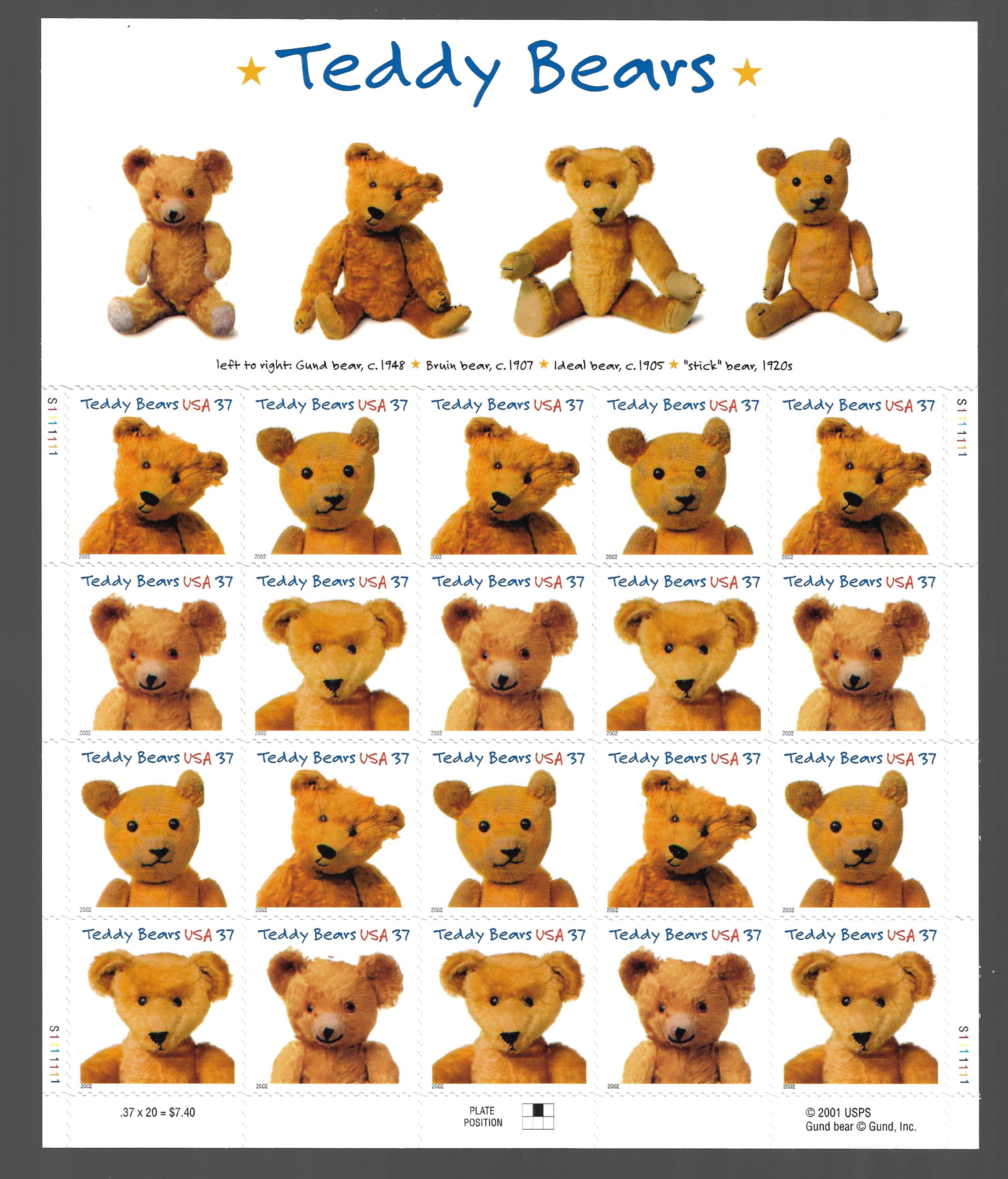 3758 2002 Stati Uniti, Teddy Bears foglio di 20 valori, # 3758-61 - MNH** - immagine 1