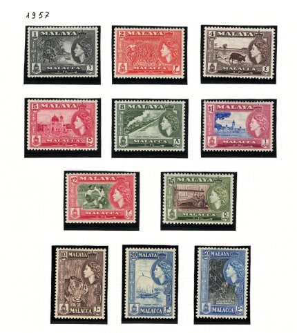 1957 Malacca, Stanley Gibbons # 39-49, serie di 11 valori, MNH**