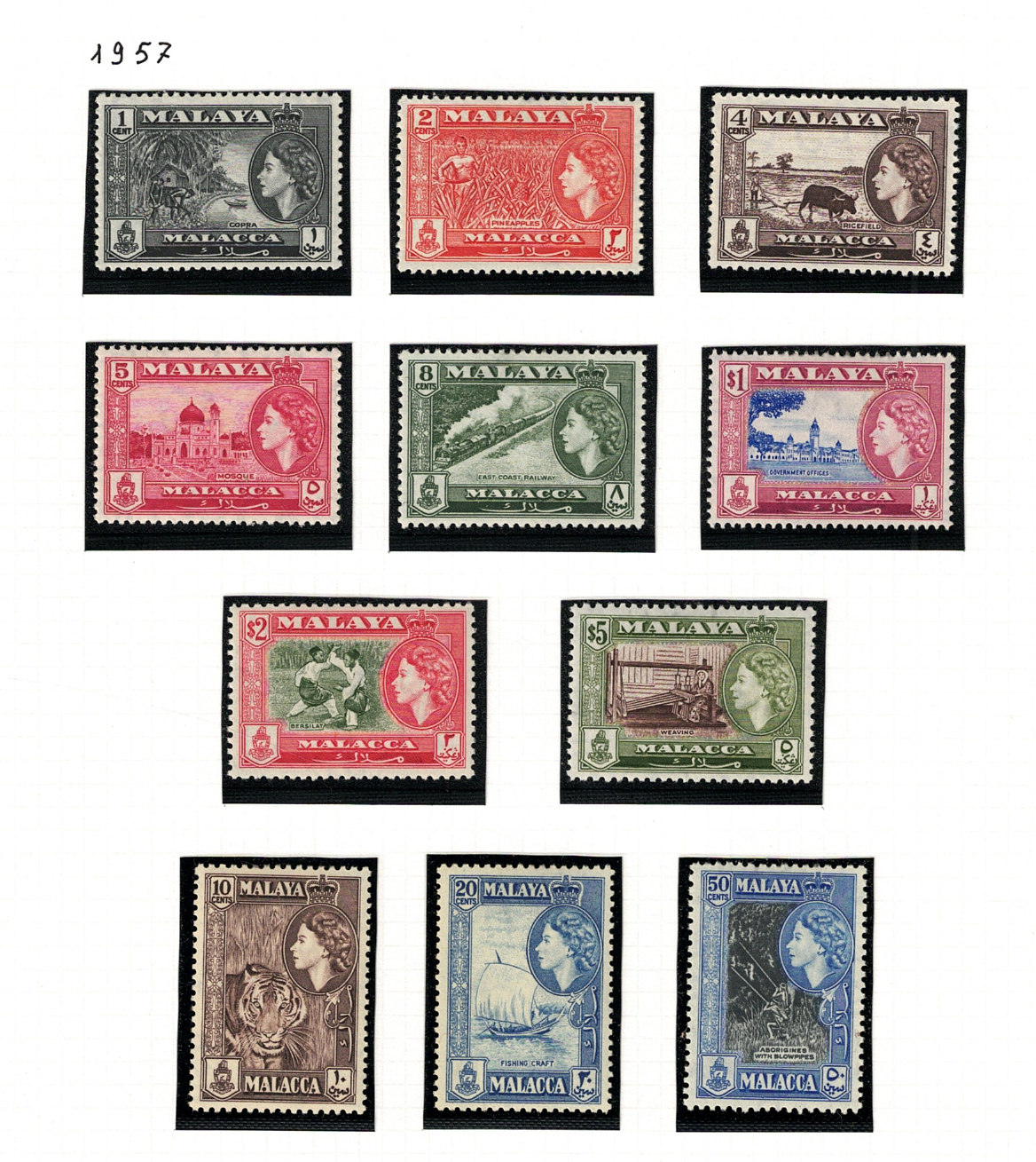 39-49 1957 Malacca, Stanley Gibbons # 39-49, serie di 11 valori, MNH** - immagine 1