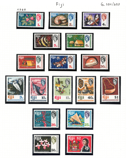 1969 Fiji, Stanley Gibbons # 391-07, 17 valori, Elisabetta II, MNH**