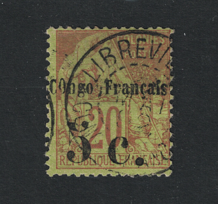 1891-92 Congo Francese, Yvert # 3, 5 cent su 20 cent bistro, Usato