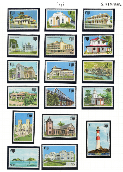 1979-80 Fiji, Yvert # 405-12+ 425-33, Edifici, Elisabetta II, MNH**