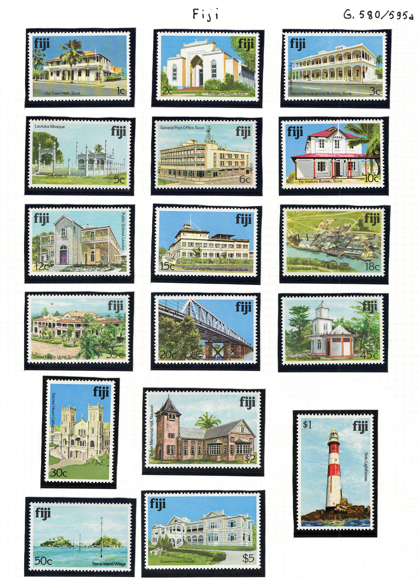 405-12 1979-80 Fiji, Yvert # 405-12+ 425-33, Edifici, Elisabetta II, MNH** - immagine 1