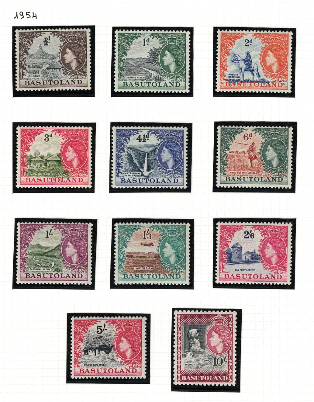 43-53 1954-58 Basutoland, Stanley Gibbons #43-53, Serie di 11 valori, MNH** - immagine 1