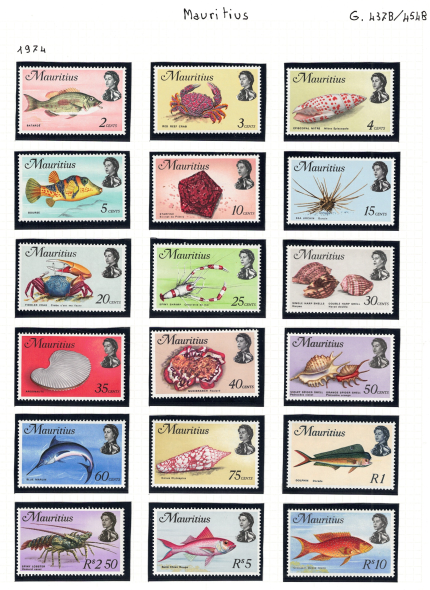1974 Mauritius, Pesci e Crostacei, Stanley Gibbons # 437b-54b, MNH**