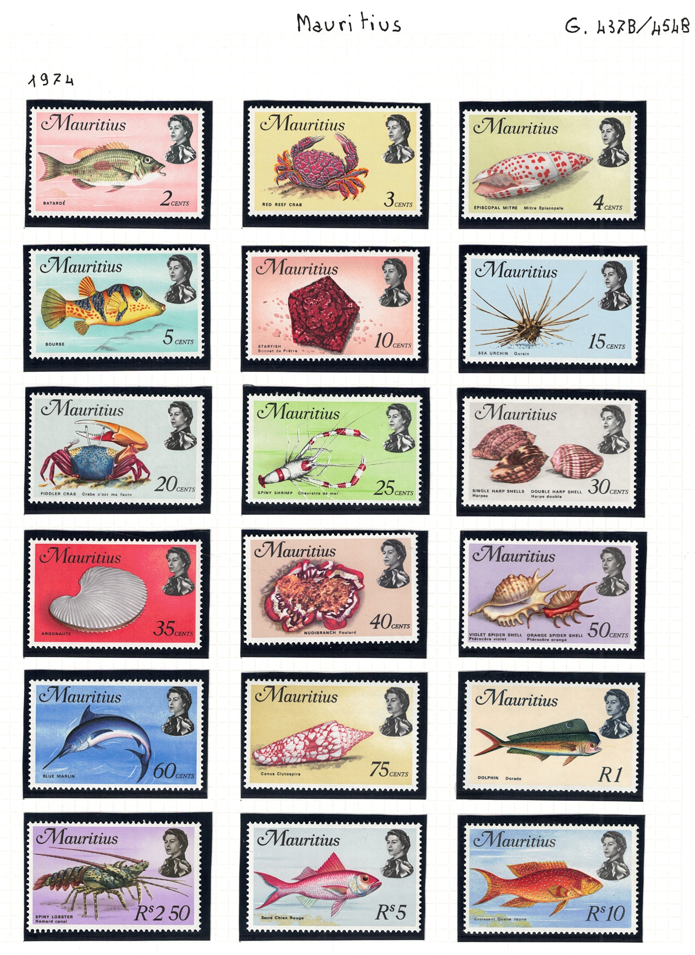 437b-54b 1974 Mauritius, Pesci e Crostacei, Stanley Gibbons # 437b-54b, MNH** - immagine 1