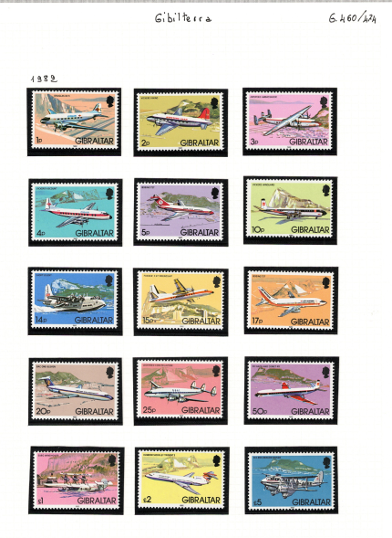 1982 Gibilterra, SG # 460-74, Aeroplani, 15 valori, MNH**