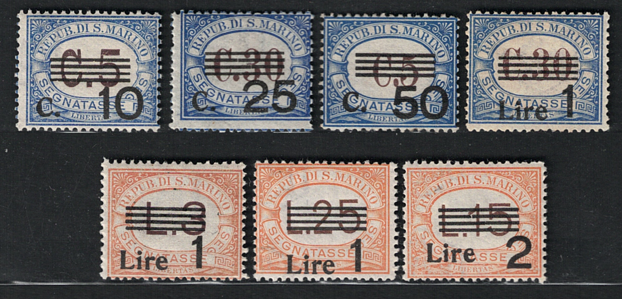 47-53 1936-39 San Marino, Segnatasse # 47-53, Serie completa 7 valori, MNH** - immagine 1
