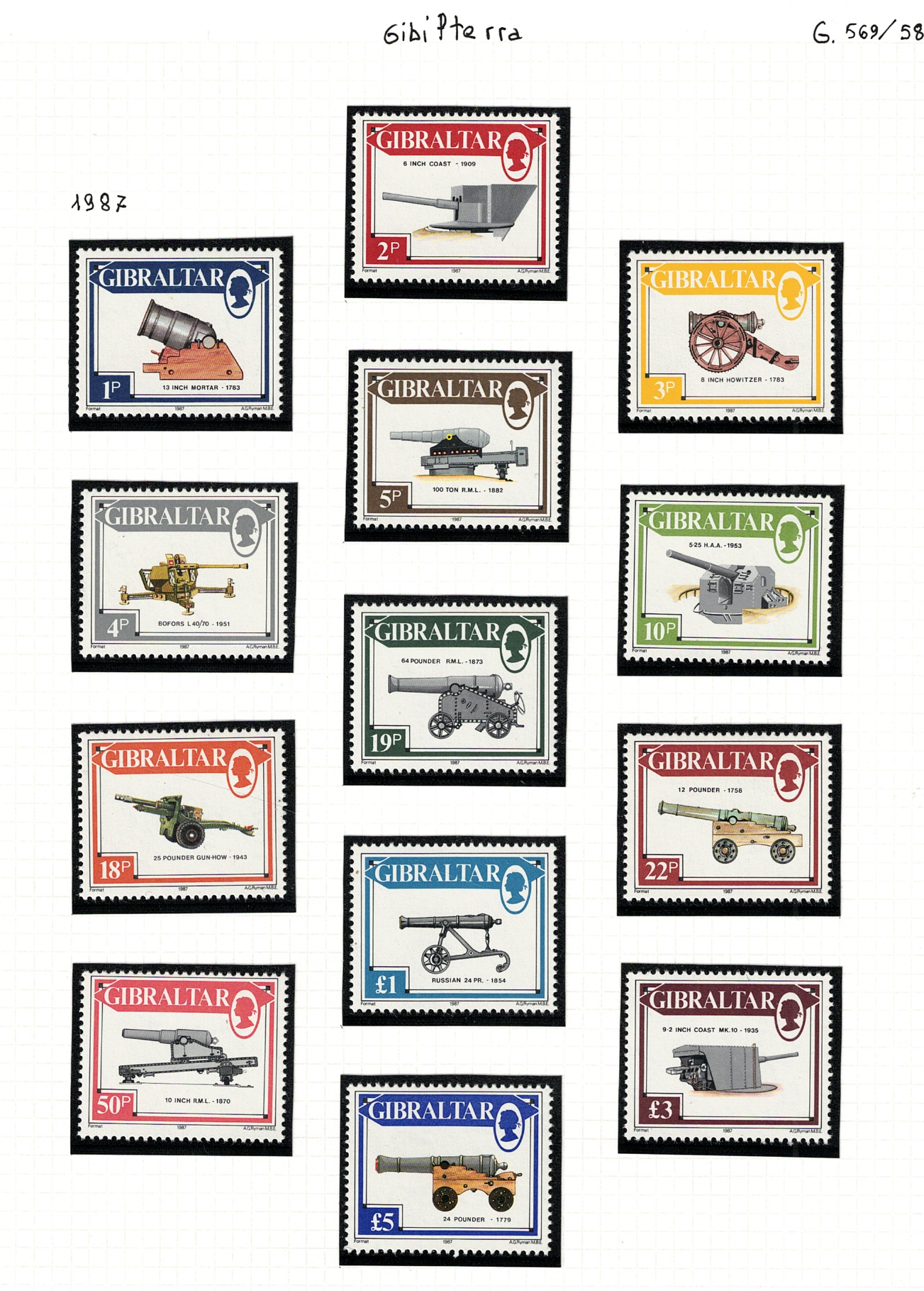 569-81 1987 Gibilterra, SG # 569-81, Armi da Guerra, 13 valori, MNH** - immagine 1