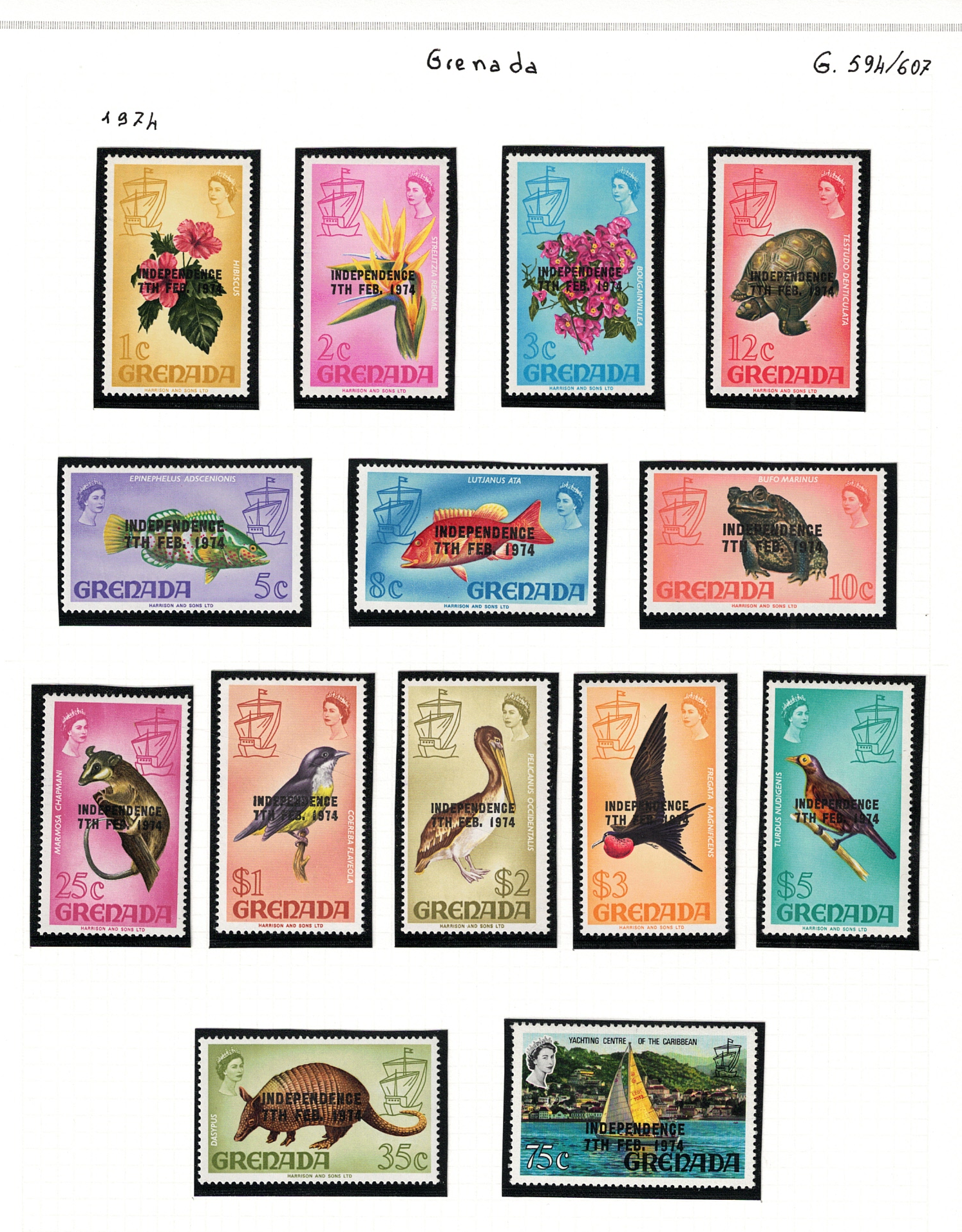 594-607 1974 Grenada, Stanley Gibbons # 594-607, Indipendenza, 14 valori, MNH** - immagine 1
