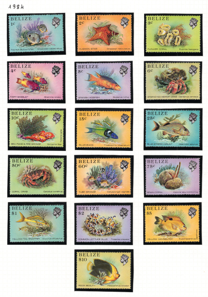 1984 Belize, Yvert # 658-73, Pesci, serie di 16 valori, MNH**