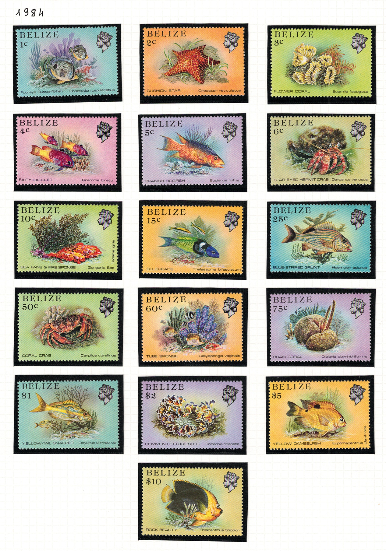 658-73 1984 Belize, Yvert # 658-73, Pesci, serie di 16 valori, MNH** - immagine 1