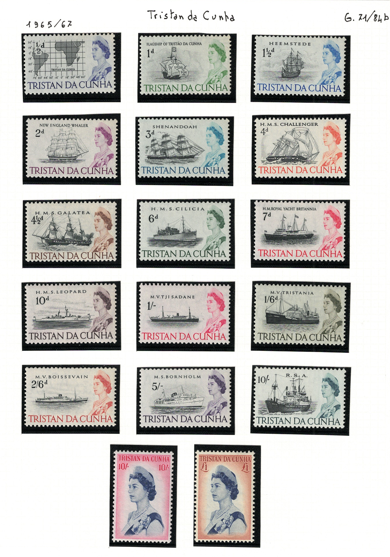 71-84 1965-67 Tristan da Cunha, Stanley Gibbons # 71-84b, Navi e Elisabetta II, MNH** - immagine 1
