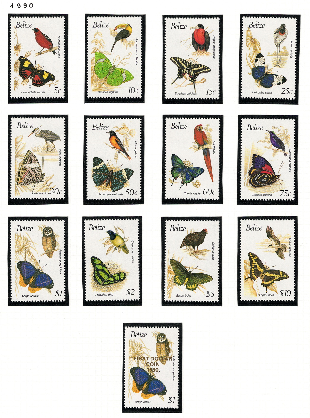 919-30 1990 Belize, Yvert # 919-30+931, Uccelli e Farfalle, serie di 13 valori, MNH** - immagine 1