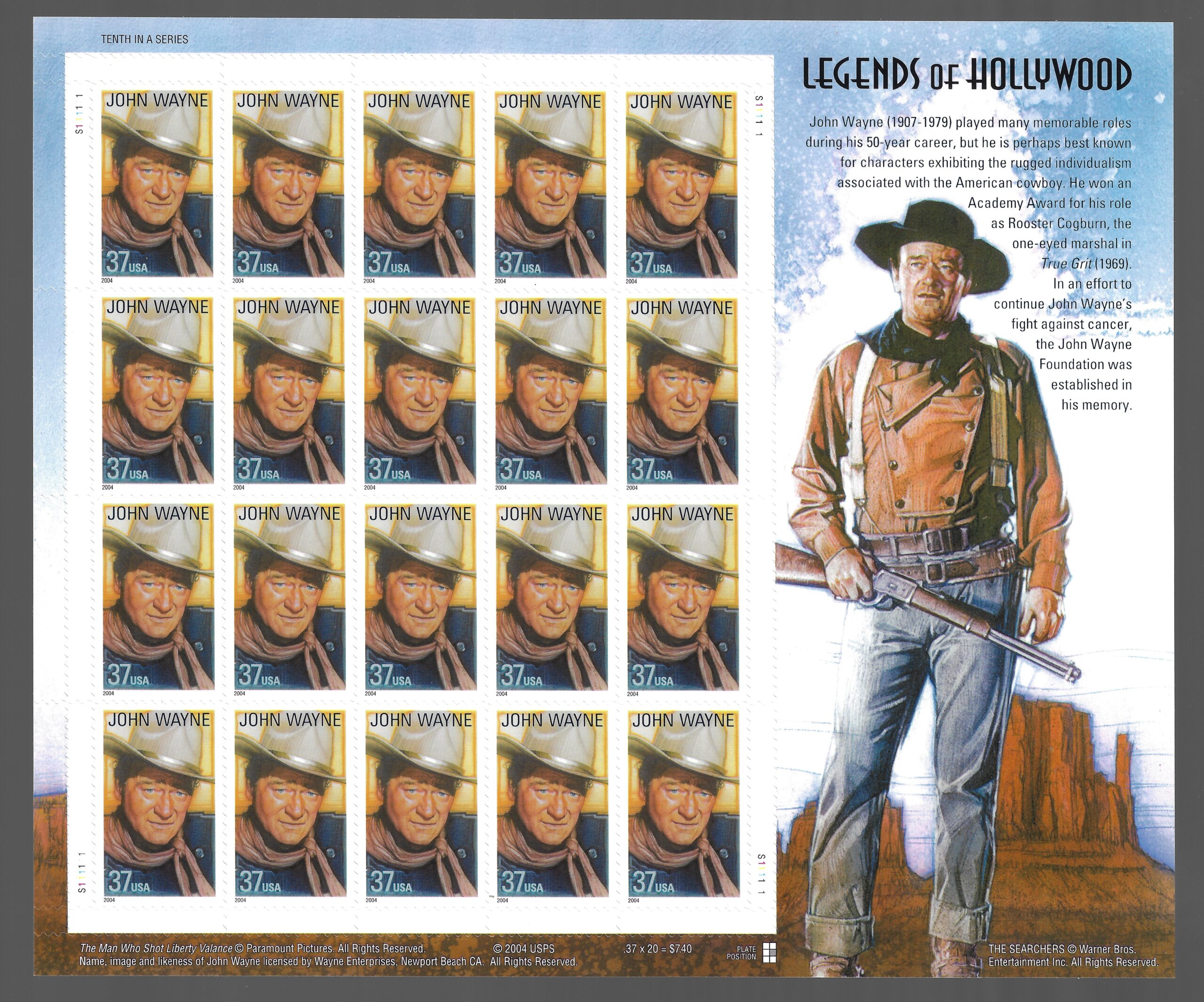 John Wane 2004 Stati Uniti, John Wayne foglio di 20 valori, # 4012 - MNH** - immagine 1