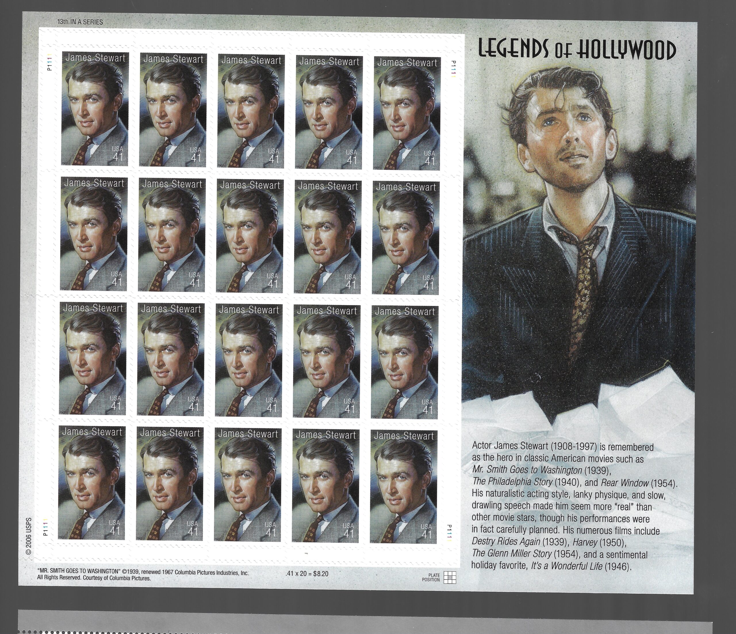 Stewart 2007 Stati Uniti, James Stewart foglio di 20 valori, # 4452 - MNH** - immagine 1