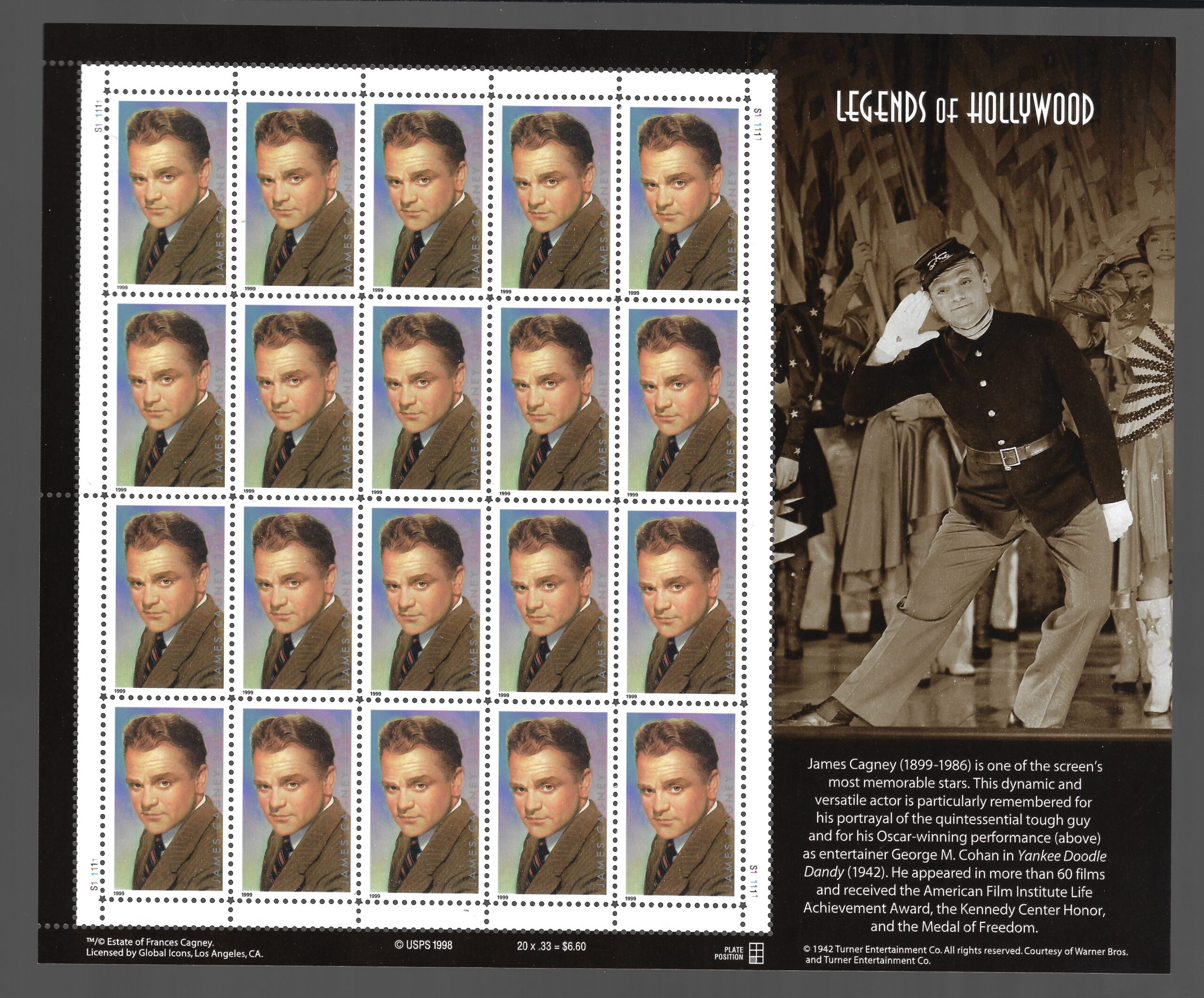 cagnes 1999 Stati Uniti, James Cagney foglio di 20 valori, # 3276 - MNH** - immagine 1
