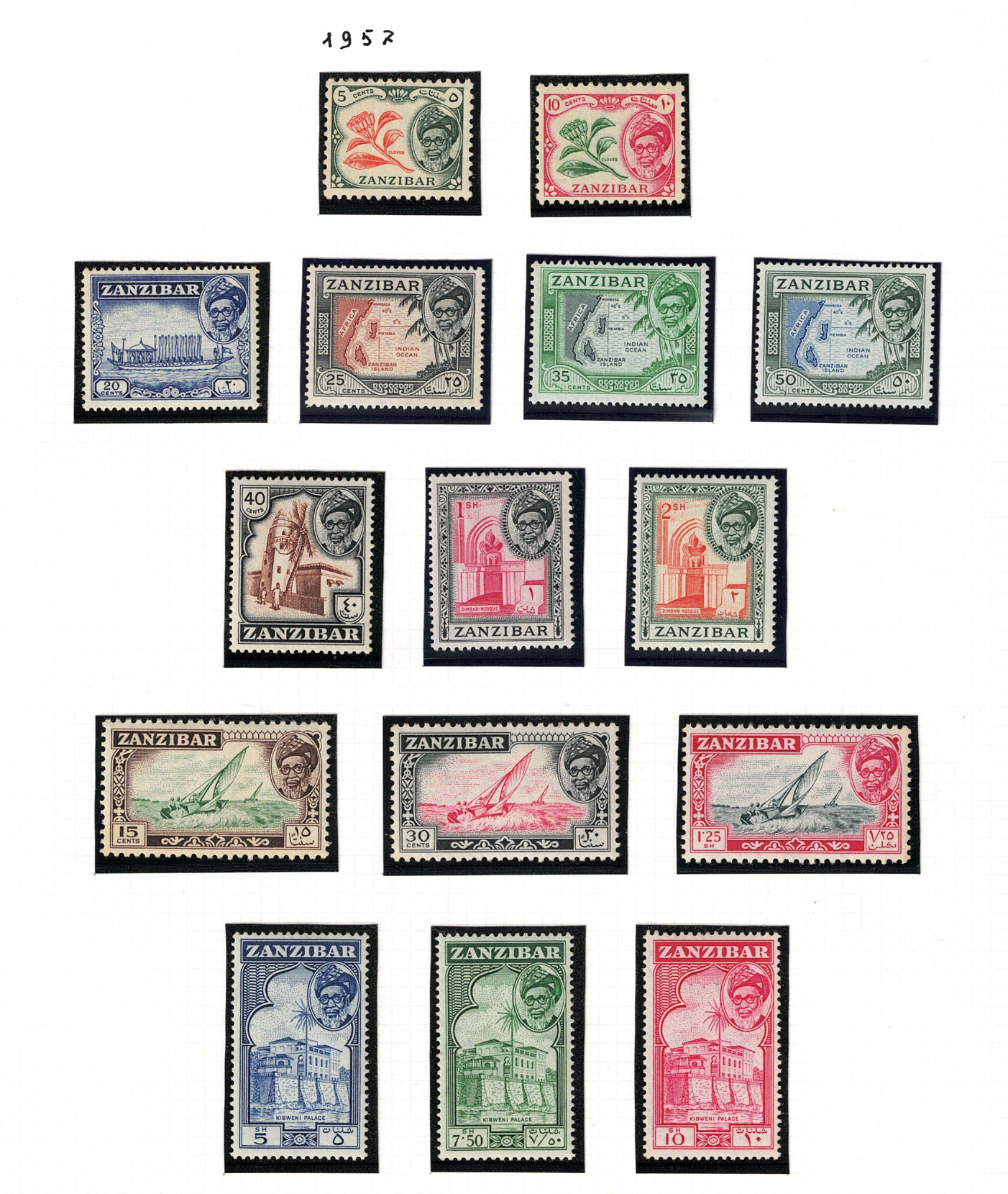 358-72 1957 ZANZIBAR - Sultan Kalif Bin Arub - Stanley Gibbons # 358-72, MNH** - immagine 1