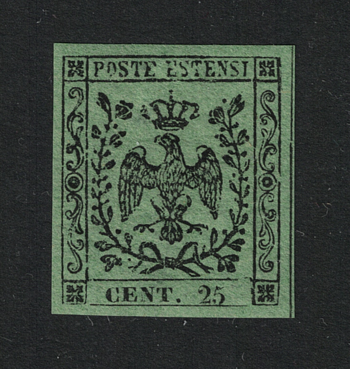 4A M 1852 Modena, # 4A, 25 cent verde Ritirato e non venduto, MNH** - immagine 1