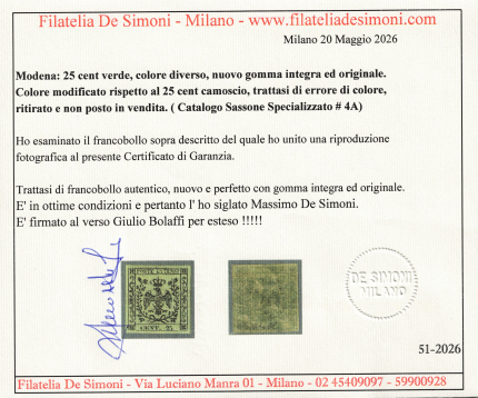 1852 Modena, # 4A, 25 cent verde Ritirato e non venduto, MNH**