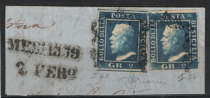 1859 Sicilia, I Tavola, 2 grana su frammento # 6 azzurro, Usati