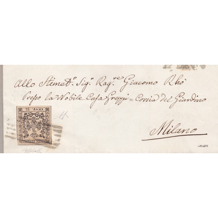 1852 MODENA, n° 4 25 cent. camoscio chiaro SU LETTERA Firma Bolaffi Sigla AD
