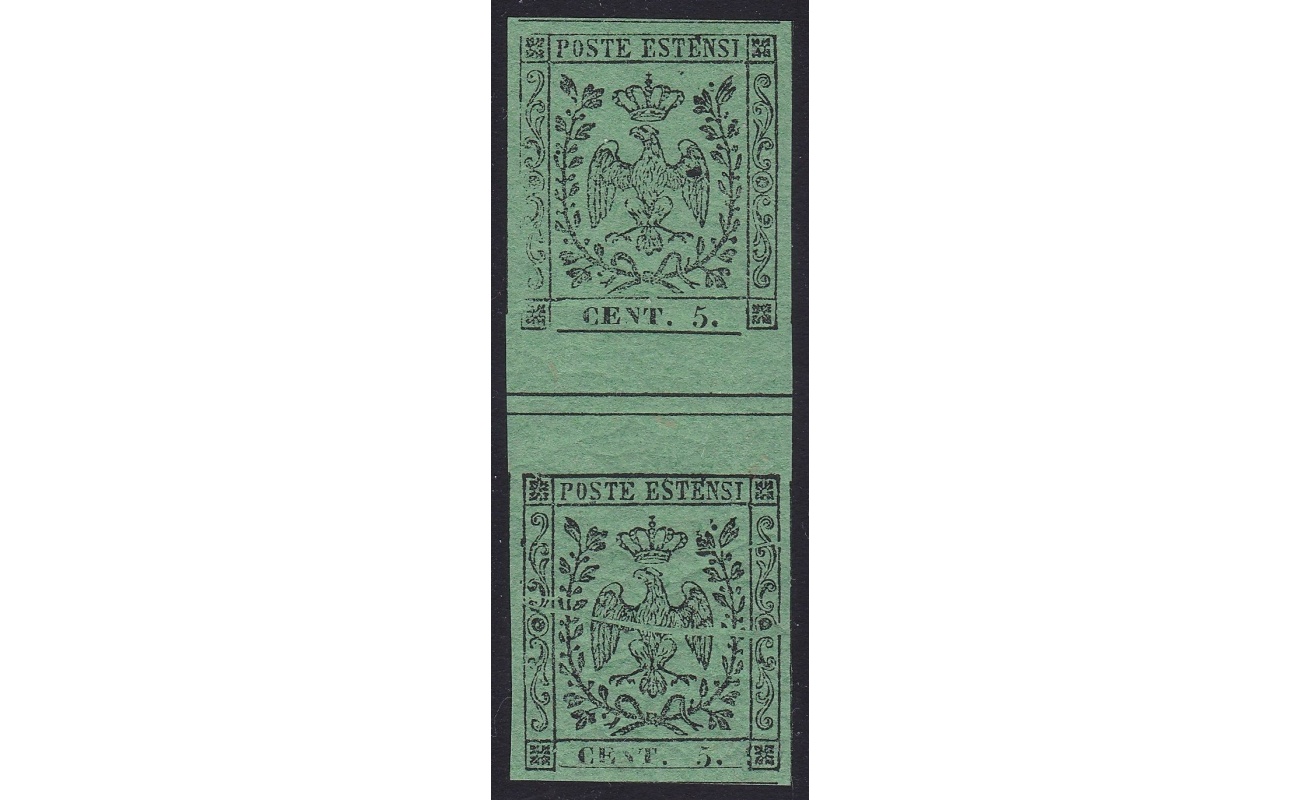1852 MODENA, n° 7 5 cent. verde  MNH/**  INTERSPAZIO VERTICALE CERT. BOLAFFI