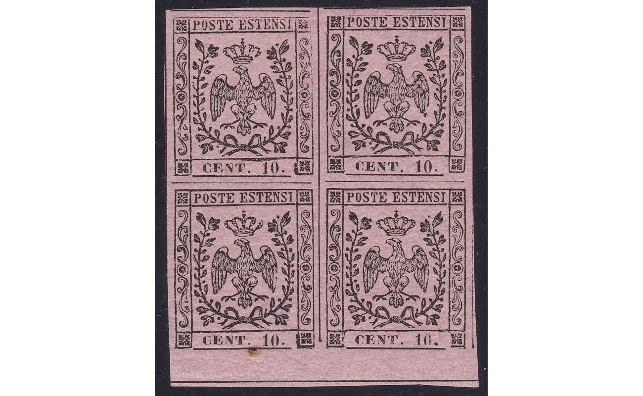 1852 MODENA, n° 9a 10 cent. rosa vivo  **/*  QUARTINA  Firma Bolaffi/A.Diena