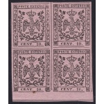 1852 MODENA, n° 9a 10 cent. rosa vivo  **/*  QUARTINA  Firma Bolaffi/A.Diena