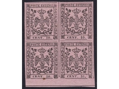 1852 MODENA, n° 9a 10 cent. rosa vivo  **/*  QUARTINA  Firma Bolaffi/A.Diena