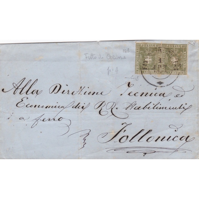 1860 TOSCANA, n° 18b 5 cent. COPPIA SU LETTERA CON ANNULLO FITTO DI CECINA