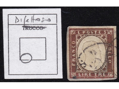 1861-63 SARDEGNA, n° 18A  3 Lire rame vivo usato DIFETTOSO
