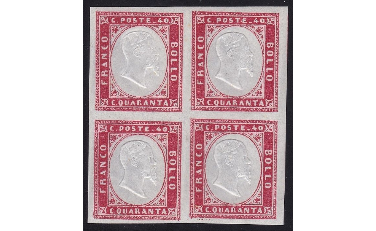 1862 Sardegna, n° 16E  40c. rosa carminio scuro QUARTINA MNH/** Cert. Bolaffi