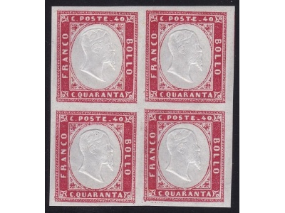 1862 Sardegna, n° 16E  40c. rosa carminio scuro QUARTINA MNH/** Cert. Bolaffi